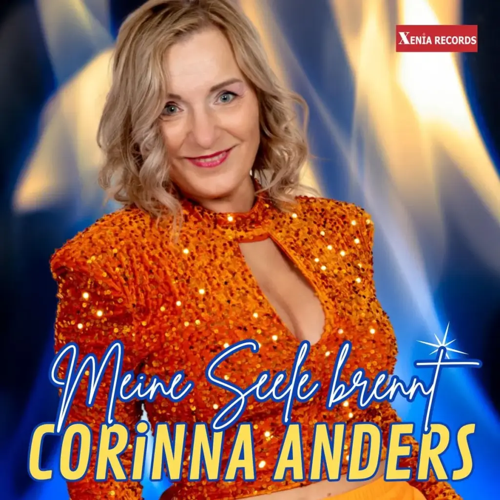 Cover der Single Meine Seele brennt: Corinna Anders in orangefarbenem Paillettenkleid vor blauem Licht