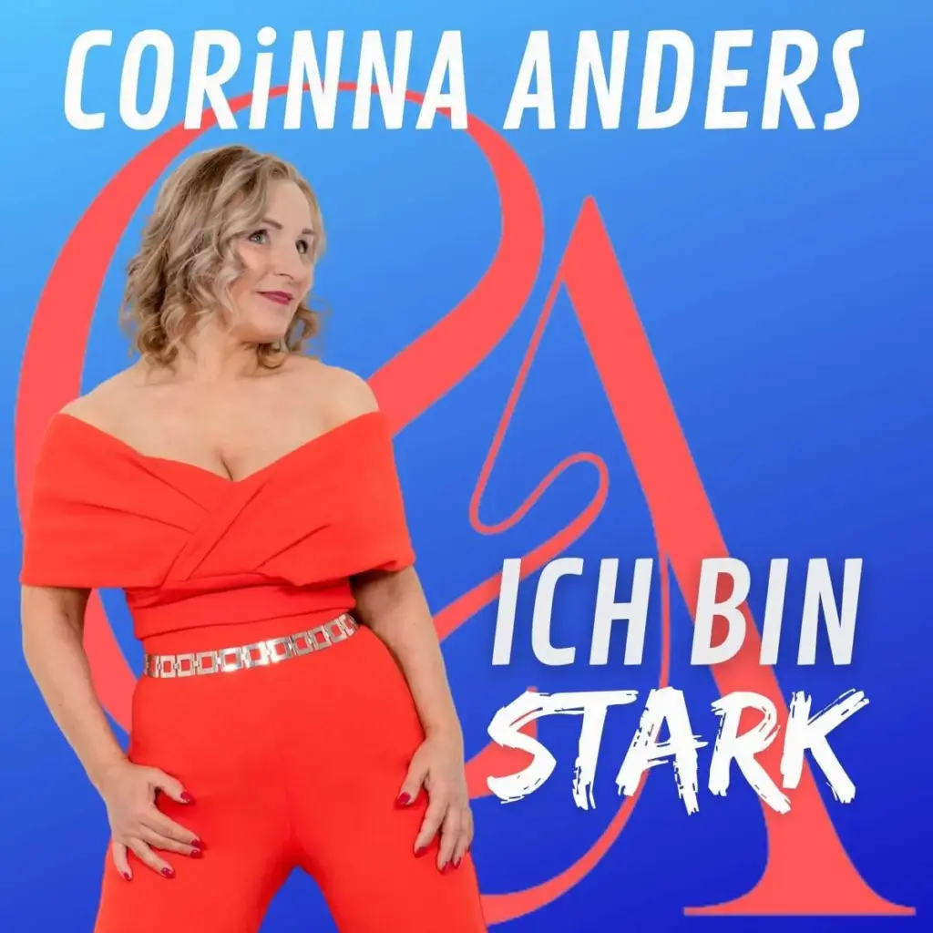 Cover der Single Ich bin stark: Corinna Anders in rotem Off-Shoulder-Outfit